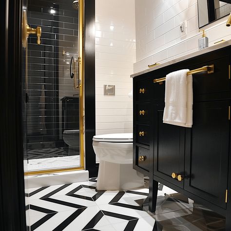 25 Jaw-Dropping Black and White Tile bathroom design ideas Black And White Tiles Bathroom, Gloss Cabinets, Black And Gold Bathroom, Black Paint Color, White Bathroom Tiles, Bathroom Paint, Black And White Tiles, Bathroom Tile Designs, Panel Moulding