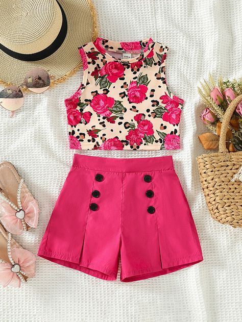 Multicolorido Boho Collar Sem Mangas  Floral  Embellished Não elástico  Roupas para meninas Kids Summer Outfits, American Girl Outfits, Kids Fashion Wear, Tank Top Shorts, Flora Print, Kids Dress Patterns, Summer Outfits Kids, Seluar Pendek