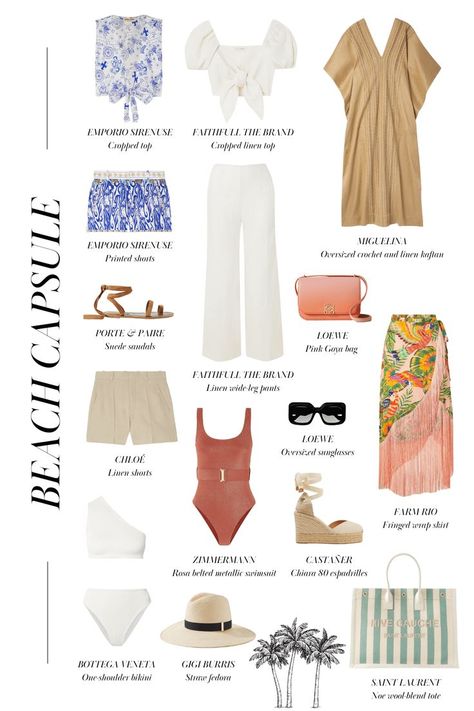 Your guide to curating the perfect beach vacation capsule wardrobe: the 15 essentials and some outfits that you can create through those. Caribbean Capsule Wardrobe, French Riviera Capsule Wardrobe, Resort Capsule Wardrobe, Beach Vacation Capsule Wardrobe, Capsules Wardrobe, Beach Capsule Wardrobe, Riviera Fashion, Vacation Capsule Wardrobe, Vacay Fits