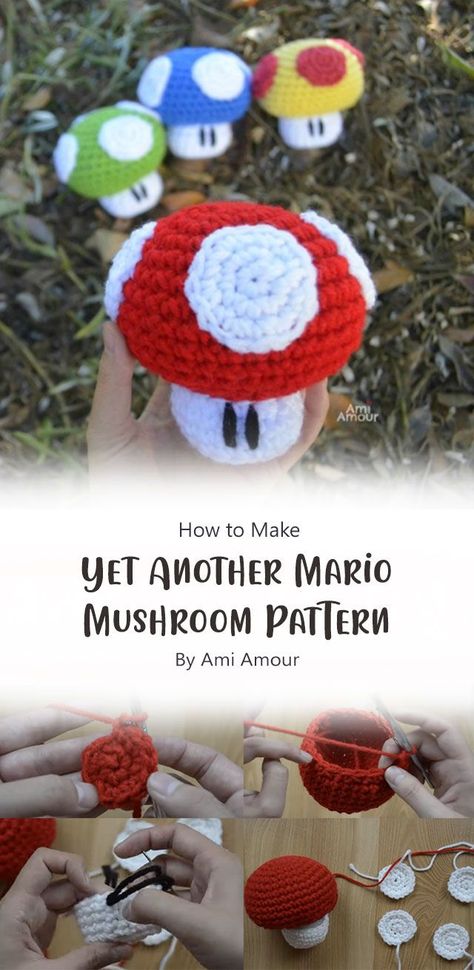 Make your very own Mario character mushrooms with this crochet pattern! Perfect for decorating your home, making a mushroom garden, or using as amigurumi. Whatever you do with them is up to you. Mushroom Ideas, Crochet Mario, Mario Hat, Mushroom Garden, Mushroom Pattern, Crochet Mushroom, Pattern Ideas, Mario Mushroom, Softies