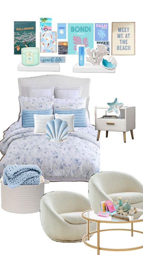 Very chill beach and cute Cute Ocean Themed Bedrooms, Beach Room Theme, Zara Bedroom, Teen Beach Room, Blue Teen Girl Bedroom, Baby Blue Bedrooms, Beach Rooms, Ocean Room Decor, Beachy Room Decor