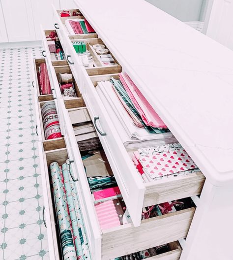 Gift Wrap Cabinet Ideas, Home Office Wrapping Station, Craft Room Storage Wall Built Ins, Wrapping Organization Ideas, Wrapping Paper Cabinet Storage, Wrapping Paper Drawer, Ikea Wrapping Paper Storage, Gift Wrap Room Ideas, Wrapping Room Organization