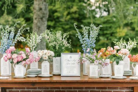 Flower Bar Seating Chart Display Table With Vases, Pastel Flower, and Unique Escort Display Cottagecore Wedding, Miami University, Cocktail Hour Wedding, Cottage Wedding, Wedding Numbers, Flower Bar, Wedding Activities, Wedding Vases, Business Law