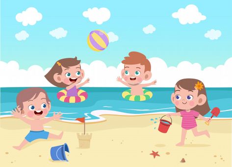 Kids play at the beach illustration Prem... | Premium Vector #Freepik #vector #people #water #kids #children Kids Playing Illustration, Medium Length Hair Ideas, People At The Beach, Beach Cartoon, Water Kids, Mouse Illustration, Beach Clipart, Drawing Competition, Beach Illustration