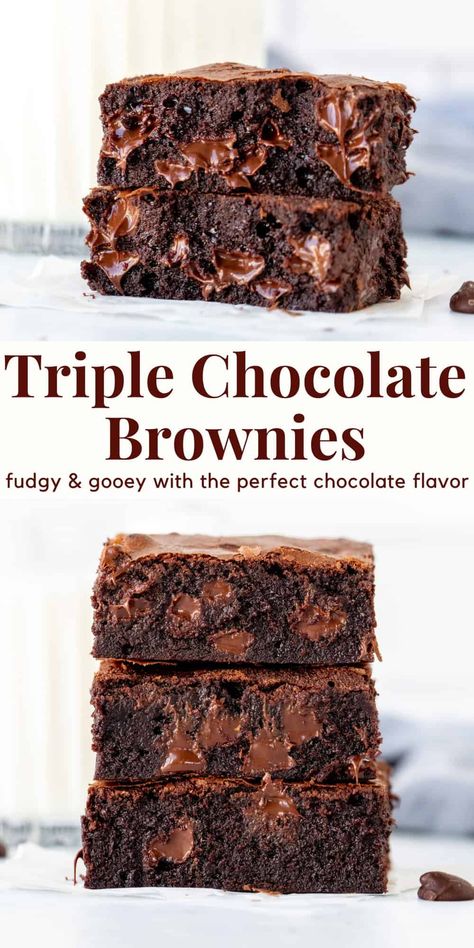 These fudgy brownies are made with 3 types of chocolate to give them a rich and decadent chocolate flavor. They're thick, dense, not the least bit cakey, and taste delicious served plain or with a scoop of vanilla ice cream. If you like brownies that verge on biting into a piece of fudge - these triple chocolate brownies are for you. #brownies #triplechocolatebrownies #gooeybrownies #fudgybrownies from Just So Tasty Just So Tasty, Triple Fudge Brownies, Paula Deen Brownies Recipe, Brownies And Blondies Recipes, Double Chocolate Brownies Recipe, How To Make Fudge Brownies, Double Fudge Brownies, Thick Fudgy Brownies, Selling Brownies