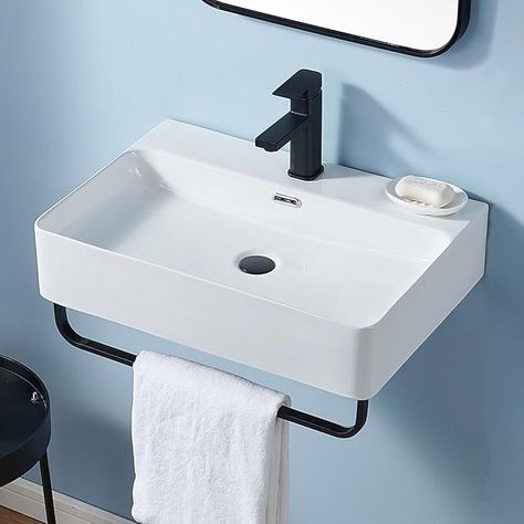 Wall Mounted Sink White with Towel Rack, 24"x16" Vessel Sink Rectangle, Wall Mount Floating Bathroom Sink Wall Hung Porcelain Ceramic Modern Sink With Single Faucet Hole and Overflow - Amazon.com Hanging Sink Bathroom, Floating Bathroom Sink, Black Faucet, Modern Sink, Wall Mounted Sink, Upstairs Bathrooms, Bathroom Sinks, Home Improvement Store, Vessel Sink