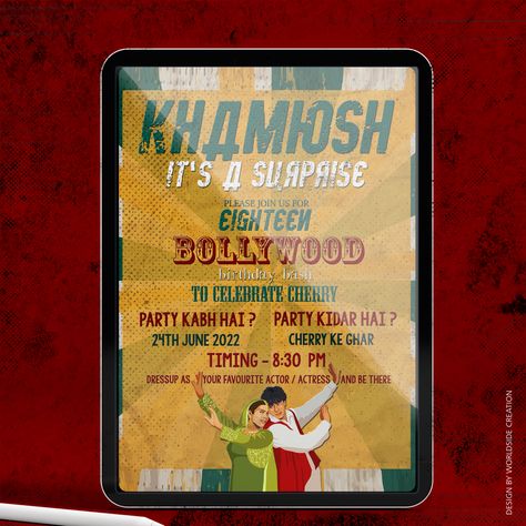 Bollywood Invitation Card, Bollywood Theme Invitation Card, Bollywood Theme Invite, Bollywood Theme Party Invitation, Bollywood Party Invite, Freshers Party Theme Ideas, Bollywood Retro Theme Party Decoration, Bollywood Theme Party Decoration, Retro Bollywood Theme Party