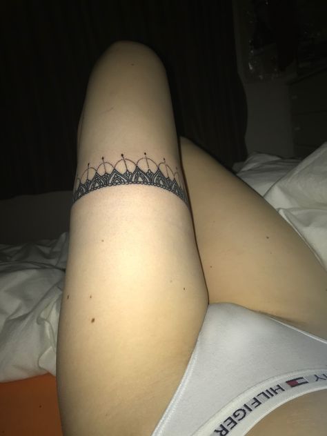 detailed black ink thigh garter tattoo Garter Stocking Outfits, Leg Spread Sitting Pose, Thigh Grabber, Thigh Grabber Bf, Thigh Touches, Thighs Reference, Head Between Your Thighs, Thighs Pics Ideas, Beautiful Thigh Tattoos