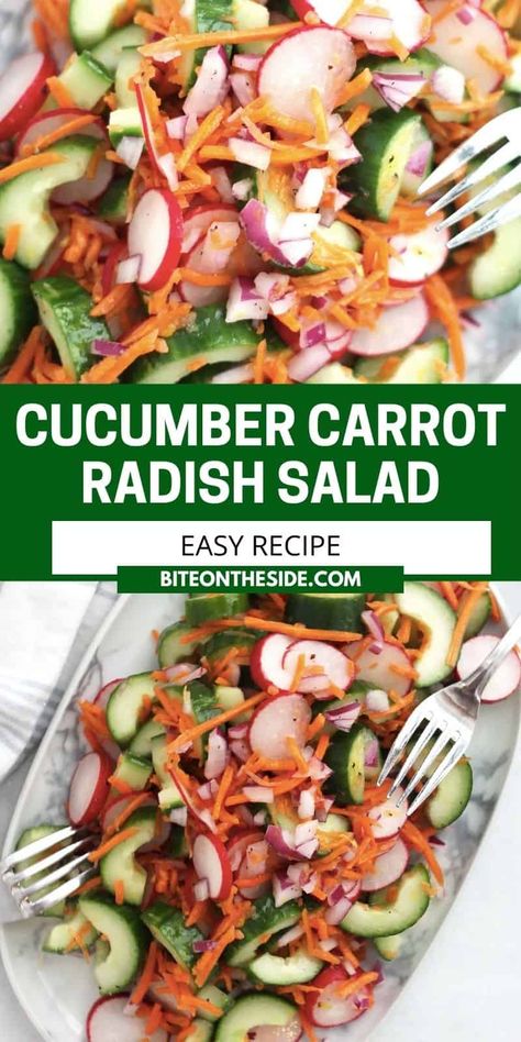 Carrot Radish Salad, Radish Recipes Salad, Cucumber And Radish Salad, Cucumber Carrot Salad, Radish Salad Recipe, Cucumber Radish Salad, Radish Cucumber, Radish Recipes, Fresh Salad Recipes