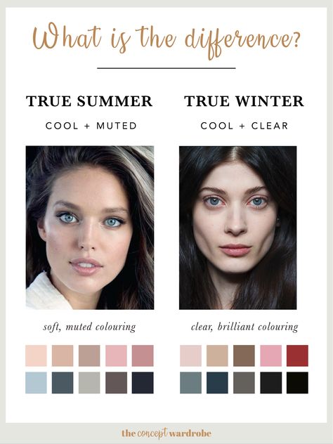 the concept wardrobe | True Summers can sometimes be mistaken for Winters. Both are 'cool', but while True Winter is dark and contrasting, True Summer is lighter and softer. The contrast in True Summer's features is not as striking as the True Winter’s. Instead of black, there is more grey mixed into the True Summer colouring – making the natural appearance soft and muted. The colours of True Winter, are more intense and more contrasted with lots of black and black-blue pigments. True Winter Color Palette, Winter Skin Tone, The Concept Wardrobe, Color Analysis Summer, Concept Wardrobe, Soft Summer Color Palette, Dark Summer, Soft Summer Colors, Clear Winter
