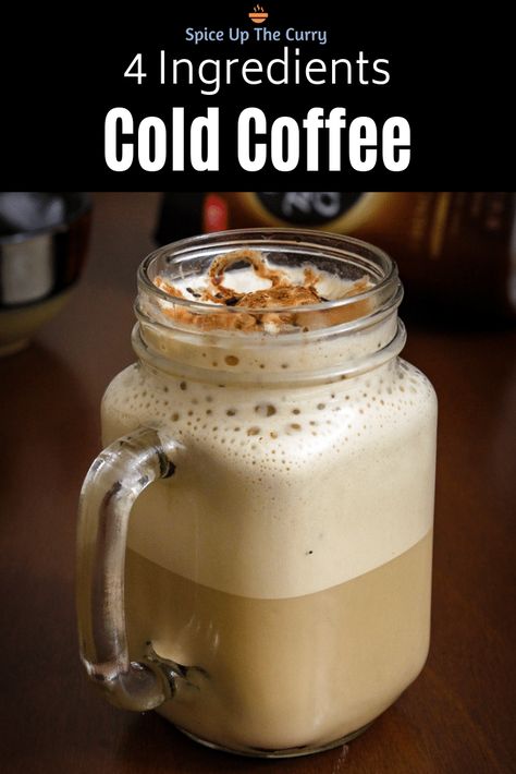 How to make cold coffee recipe without ice cream. This is a quick, easy cold coffee drink for coffee lovers. This homemade cold coffee recipe requires only 4 ingredients and 5 minutes. There is another version that is Indian cafe style and made with ice cream. Make this instant cold coffee at home and enjoy. #coldcoffee #coffeedrink Easy Cold Coffee Recipes, Nescafe Coffee Recipes, How To Make Cold Coffee, Home Made Cold Coffee, How To Make Cold Coffee At Home, How To Make Coffee At Home, Cold Coffee Recipes Homemade, Quick Easy Snacks To Make At Home, Cold Coffee At Home