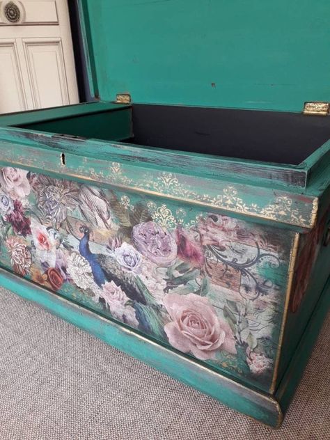 I am highly skilled in a range of techniques including hand painting, decoupage, appliqué, gold leafing, gilding, moulds, stencilling and other mixed media and as you can probably tell, I specialise in furniture that is the opposite of run-of-the-mill. Your piece will be deliberately designed to be a real statement of your unique personality.This particular piece is painted in layers of greens to create depth, texture and an authentic vintage feel, then embellished with a selection of peacock an Painted Benches, Folk Art Fish, Painted Trunk, Trunk Boxes, Gold Leafing, Old Trunks, Art Fish, Vintage Chest, Blanket Box