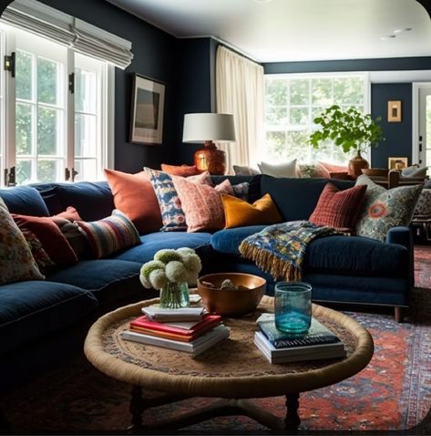 Navy Couch Mid Century Modern, Dark Blue Media Room, Moody Living Room Navy Couch, Blue Velvet Couch Styling, Navy Velvet Sofa Living Room Ideas, Dark Navy Couch Living Room, Dark Blue Couches Living Room Decor, Living Room Blue Velvet Sofa, Colorful Moody Living Room