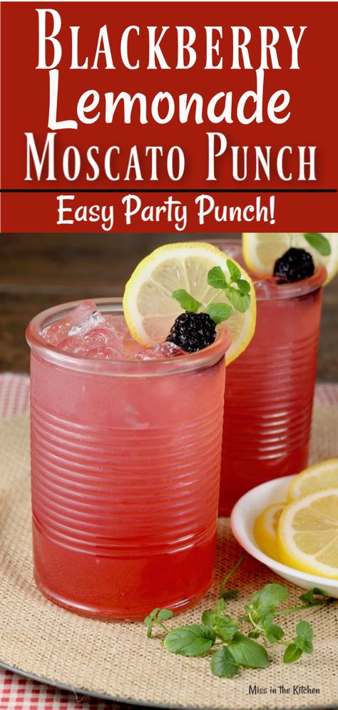 Blackberry Lemonade Moscato Punch is a great alcoholic party punch perfect for celebrations and gatherings with friends. Just a few ingredients in this easy large batch cocktail. #partypunch #cocktails #lemonade Alcoholic Party Punch, Moscato Punch, Party Punch Alcohol, Alcoholic Party, Easy Party Punch, Easy Party Drinks, Blackberry Lemonade, Alcoholic Punch Recipes, Lemonade Punch