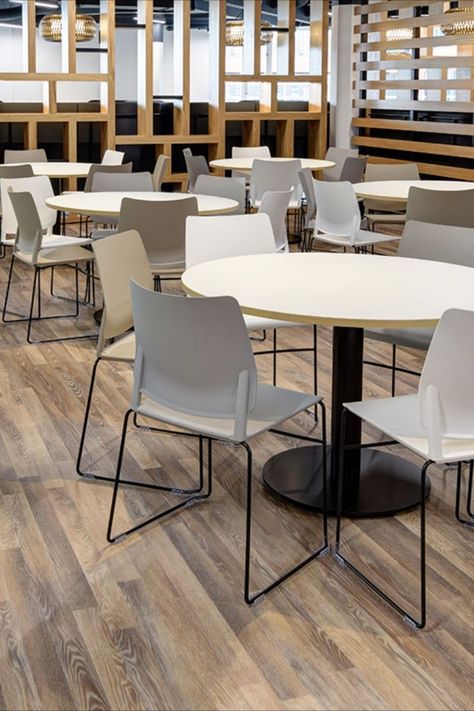 Melita stacking plastic back chair with black skid frame in grey, cream and white tones. Surrounding an Additions pedestal base table with black base, white top and oak edging. #canteen #canteenfurniture #diningtable #diningchair #stackingchair #officefurniture #office #officedesign #officeinterior #contractfurniture Cafeteria Tables And Chairs, Office Break Room Furniture, Communal Office, Office Dining Area, Canteen Design, Office Canteen, Church Foyer, Cafeteria Table, Office Break Room