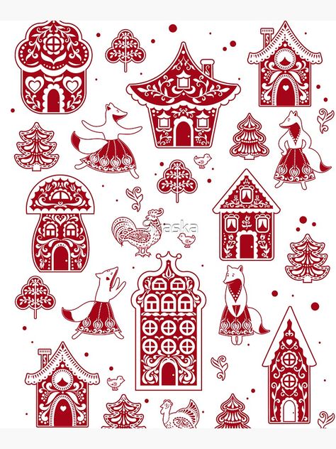 Folk Art Gingerbread House, Folk Art Houses, Folk Christmas Art, Scandinavian Folk Art Patterns, Scandinavian Folk Art Swedish Style, Scandinavian Folk Art Christmas, Folk Art House, Christmas Scandinavian Style, Folk House