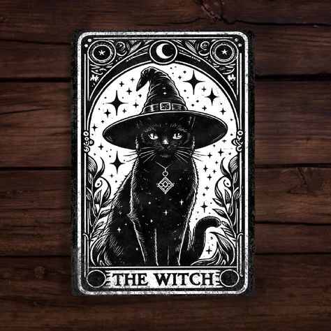 Add some fun and charm to your home decor with this black and white witchy cat  tarot card themed tin sign! Perfect for vintage-loving ladies who adore cats and casting spells, this unique gift will surely delight any cat owner or witch lover.  This Vintage style metal cat sign is a perfect and unique handmade gift for any occasion. Designed in Retro/vintage Classic Style, the sign is made from aluminium metal and is printed using dye sublimation inks which makes it completely waterproof. The de Witchy Signs, Cat Tarot Cards, Black Cat Tarot Card, Witchy Products, Witch Tarot Card, Tarot Inspiration, Witches Tarot Cards, Crafts 2024, Chrome Designs