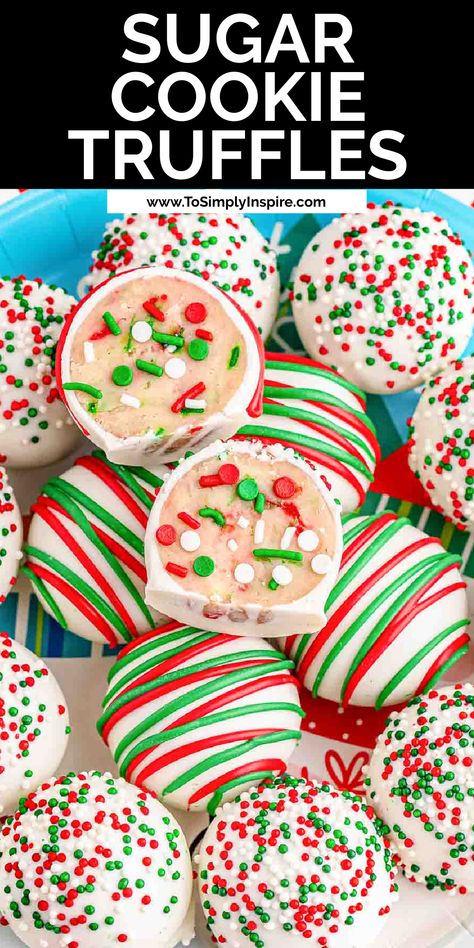 several sugar cookie truffles with red and green sprinkles and drizzle with one cut open. Lofthouse Cookie Truffles, Lofthouse Christmas Truffles, Sugar Cookie Flavors, Sugar Cookie Truffles, Lofthouse Sugar Cookies, Cookie Truffles, Lofthouse Cookies, Christmas Truffles, Cheese All