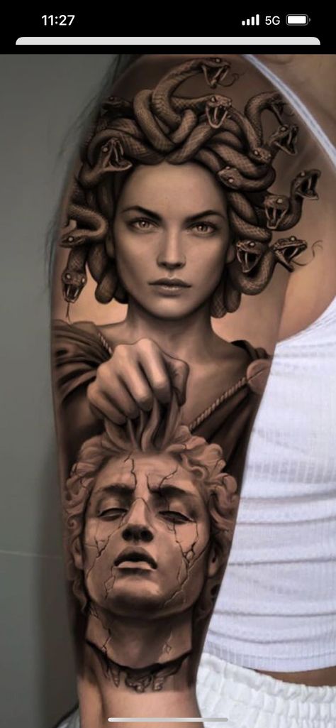 Medusa Tattoo Arm Sleeve, Big Medusa Tattoo, Greek Woman Tattoo, Medusa Half Sleeve, Split Personality Tattoo, Aphrodite Tattoo Design, Medusa Tattoo Design Ideas, Versace Tattoo, Emma Tattoo