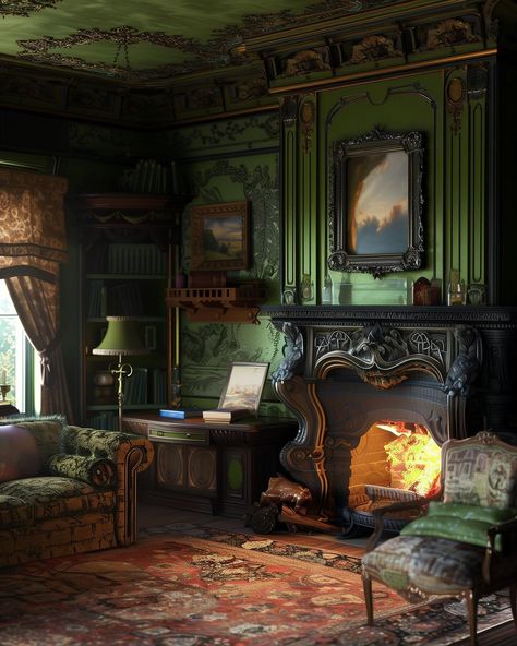 Stepping back in time with the opulence of dark green Victorian interiors. Every corner tells a tale of grandeur and sophistication. 🌿✨ . . . . . #plumnearlyprints #VictorianElegance #DarkGreenDecor #TimelessDesign #OrnateInteriors #VintageCharm #HistoricHome #InteriorInspiration #darkacademia #darkacademiavibes #darkacademiaaesthetic #darkacademiaart #darkaesthetic #moodyvibes #greenacademia #cozyacademia #sherlockholmes #cottagecore #cottagedecor #cottageliving #cottagehome #cozyhomes... Green Victorian House, Cozy Academia, Victorian Rooms, Victorian Green, Green Academia, Dark Academia Art, Victorian Interiors, Dark Academia Aesthetic, Cottage Living