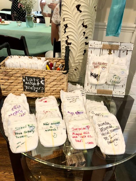 Late Night Diapers Baby Shower Game, Late Night Diapers Ideas, Late Night Diaper Messages Funny, Diaper Message Station, Write On Diapers Ideas, Baby Shower Diaper Messages, Nesting Party, Jennie Baby, Barely Wait