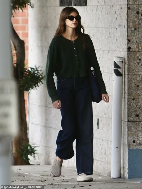 Kaia Gerber cuts a casual figure in a chic khaki green cardigan as she heads out solo in Beverly Hills | Daily Mail Online Chic Inspo Outfit, Kaia Gerber Style Street 2024, Khaki Cardigan Outfit, Kaia Gerber Style Street, Kaia Gerber Outfits, Cardigans Outfit, Cardigan Street Style, Kaia Gerber Street Style, Green Cardigan Outfit