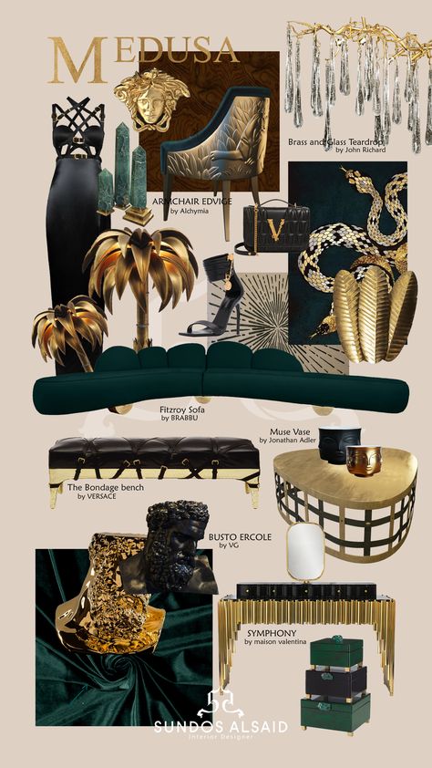 Medusa Interior Design, Versace Furniture, Glamour Decor, Art Deco Living Room, Colonial Interior, Art Deco Interior Design, In His Presence, Art Deco Home, Interior Design Mood Board