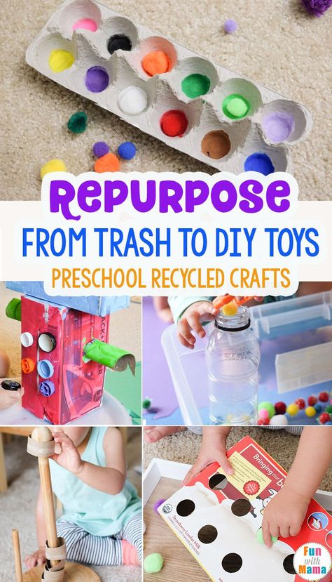 Turn trash into diy toys with these preschool recycled crafts. Includes toilet paper rolls ideas and projects, food pouch cap crafts, empty box crafts and more! via @funwithmama Recycle Preschool, Toys From Trash, Diy Toddler Toys, Recycling Activities, Recycled Toys, Recycled Crafts Kids, Diy Preschool, Mother Board, Recycled Projects