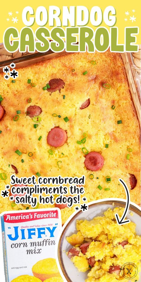 Corn Dog Casserole Hot Dog Mac And Cheese Casserole, Corn Dog Bake, Chili Dog Casserole Cornbread, Cornbread With Hotdogs, Corn Dog Casserole Recipes, Cornbread Muffins With Hotdogs, Hot Dogs And Cornbread, Hot Dog Pie, Corn Muffin Hot Dog Jiffy Cornbread