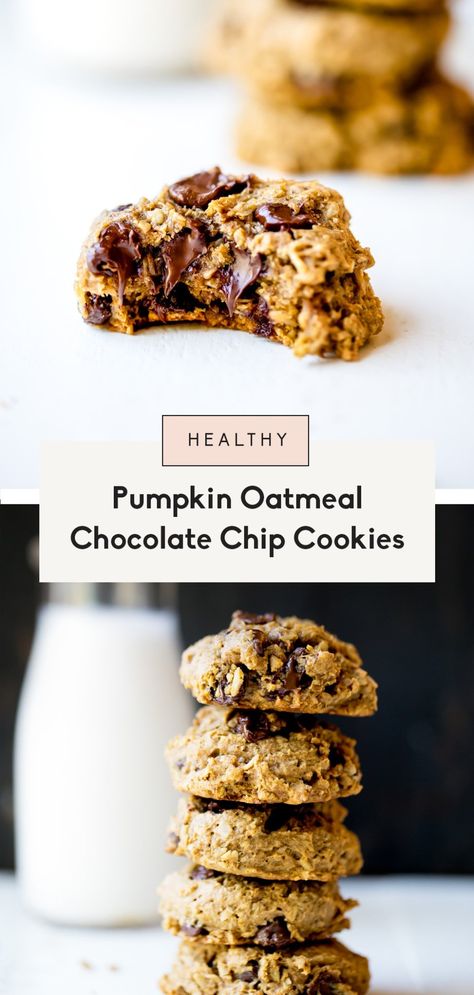 Healthy pumpkin oatmeal chocolate chip cookies packed with whole grains, cozy pumpkin flavor and plenty of chocolate chips. These pumpkin chocolate chip cookies are dairy free and a make a wonderful treat or snack! #pumpkinrecipe #pumpkin #cookies #chocolatechipcookies #oatmeal #oatmealcookies Healthy Pumpkin Oatmeal, Oatmeal Cookies With Chocolate Chips, Pumpkin Oatmeal Chocolate Chip, Pumpkin Oatmeal Chocolate Chip Cookies, Pumpkin Cookies Healthy, Pumpkin Chip, Pumpkin Oatmeal Cookies, Cooking Pumpkin, Dairy Free Chocolate Chips