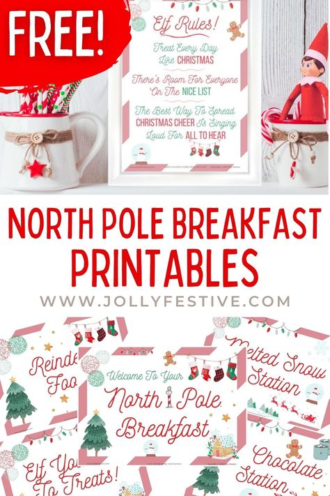 Elf On The Shelf North Pole Breakfast Free Printables, Elf Made Breakfast, Christmas Food Names, Elf On The Shelf North Pole Breakfast, North Pole Themed Party, Elf Breakfast Ideas North Pole, Elf On The Shelf Breakfast Arrival, Elf On The Shelf Free Printables, Elf Breakfast Ideas