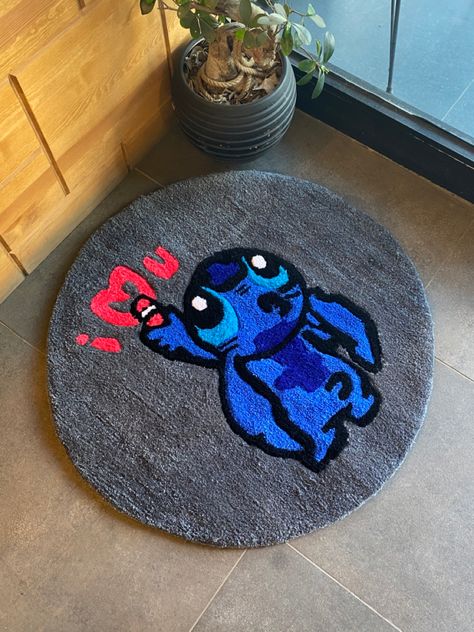 #stitch #iloveyou #loveyourself #love #cartoon #handmade #rugs #circle #fluffy #rugs #loved #design #ideas Stich Rugs, Creative Rug Ideas, Tufting Design Ideas, Tufting Rugs Ideas, Rugs Circle, Custom Rugs Design, Stitch Carpet, Cartoon Rugs, Tuft Rugs