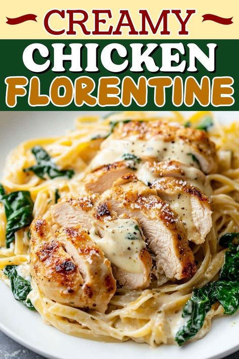 Indulge in luxury with this recipe for creamy chicken Florentine. Tender chicken and spinach are simmered in a Parmesan cream sauce and served over pasta. Creamy Chicken Florentine Artichoke, Dinner Recipes With Cream Of Chicken, Creamy Chicken And Spinach Recipes, Chicken And Spinach Recipes Healthy, Spinach Chicken Recipes, Easy Chicken Florentine, Cream Of Chicken Recipes, Chicken With Cream Sauce, Chicken And Spinach Recipes