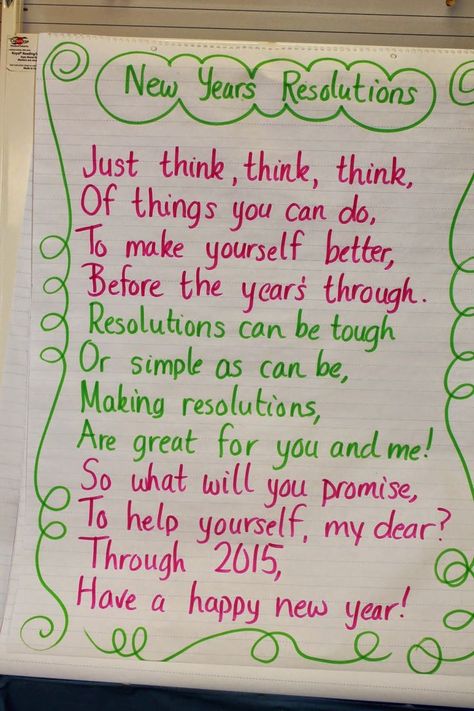 Poem, "New Years Resolutions" (from First Grade Wow) New Year Resolution Essay, New Year Poem, January Kindergarten, January Classroom, January Activities, Teaching Holidays, Happy Teacher, 2nd Grade Writing, New Year Resolution