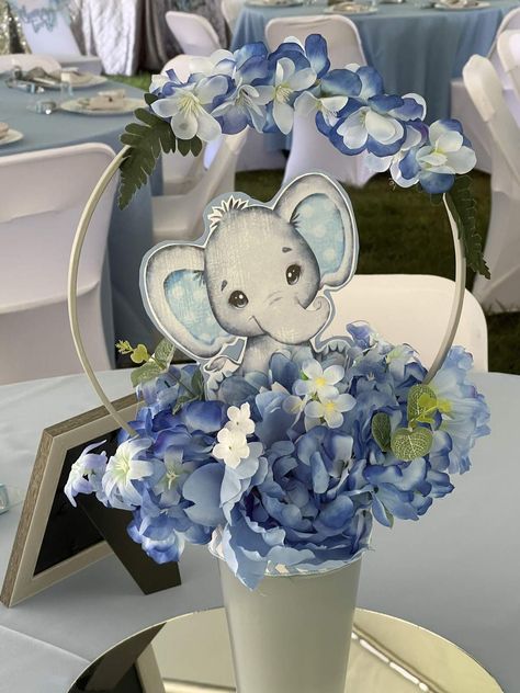 Baby Blue Elephants! | CatchMyParty.com Blue Elephant Centerpieces, Blue Elephant Baby Shower Centerpieces, Baby Boy Elephant Shower Ideas, Boy Elephant Baby Shower Ideas, Elephant Centerpieces Boy, Blue Baby Shower Ideas, Baby Shower Elephant Theme, Elephant Baby Shower Theme Boy, Ideas Bautismo