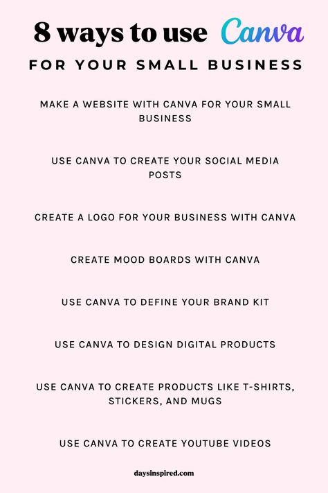 Canva tops the list of tools I use to power my business. Canva is such a flexible design tool that I use it to create several different types of content and assets for my business. If you’re starting a blog or business (or already run one) and are looking for a design tool that can do it all, Canva might be a great option for you!In this post, I’ll take you through the basics of Canva, 8 top ways you can use it for your small business, and a Canva tutorial for complete beginners. Using Canva For Business, Canva For Business, Canva For Small Business, Canva Small Business, Types Of Businesses To Start, Canva Business Ideas, Small Business Day, New Business Plan, Hygge Box