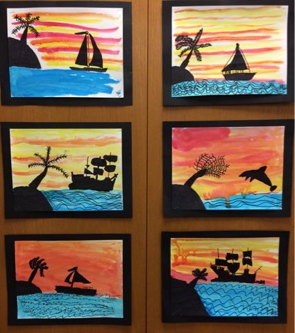 2nd Grade Silhouettes        We're very proud of our silhouettes!      Art vocabulary words related to this lesson:   *horizon line   *silh... Summer School Art, Art Vocabulary, Silhouettes Art, 2nd Grade Art, 4th Grade Art, 3rd Grade Art, Art And Craft Videos, Ecole Art, Elementary Art Projects