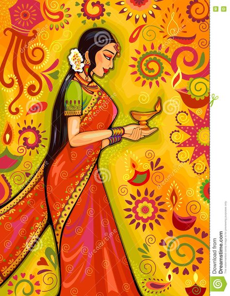 Indian Woman With Diya Decoration For Diwali Festival Celebration In India Stock Vector - Illustration of india, hindu: 78149955 India Women Painting, Varli Painting Art Rangoli, Festival Of India Painting, Drawing For Diwali Festival, Indian Festival Painting, Diwali Illustration Art, Diwali Drawing Painting, Indian Rangoli Designs Festivals, Diwali Art Painting