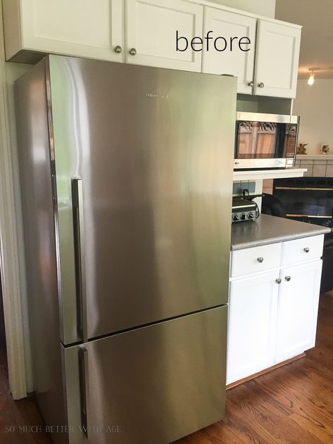 Why Choose A Counter-Depth Refrigerator - So Much Better With Age Framed In Refrigerator, Refrigerator No Cabinet Above, Fridge Too Big For Space, Small Kitchen Refrigerator Ideas, Non Counter Depth Refrigerator, Fridge With No Cabinets Above, Refrigerator For Small Kitchen, Make Refrigerator Look Built In, Fridge Outside Kitchen