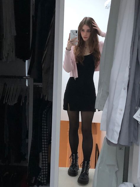 Black Dress With Pink Cardigan, Black Dress Pink Cardigan, Docs Dress Outfit, Black Dress With Docs, Black Skater Dress Outfit, Preppy Grunge Outfits, Witch Fits, Black Dress With Cardigan, Dress With Tights And Sneakers