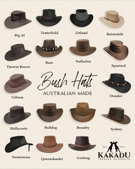 Aussie Made Bush Hats Australian Hats, Australian Outback Hat, Australian Hat, Cowboy Hat Styles, Wide Hat, Mens Cowboy Hats, Outback Hat, Cowboy Aesthetic, Suede Hat