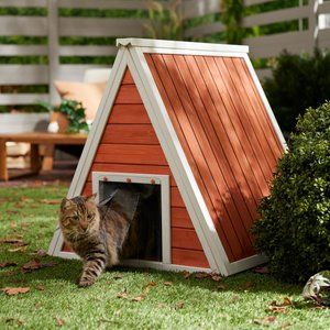 Give your kitty the coolest looking hangout spot for whenever they want to get some fresh air in this outdoor wooden A-frame cat house, from Frisco, by Chewy! A triangular frame, raised floors and a solid wood and metal design, this pad’s got it all! The open doorway lets them come and go as they please, plus it features a door flap to make sure that anything other than your kitty—yes, that includes you—won’t find its way into their home. Build Cat House Outdoor, Wood Cat Door, Cat House Made From Furniture, Outdoor Cat House Walmart, Outdoor Cat House Blueprints, Wooden Cat House Outdoor, Build Outdoor Cat House, Cat Shelters For Winter, Cat House Outdoor