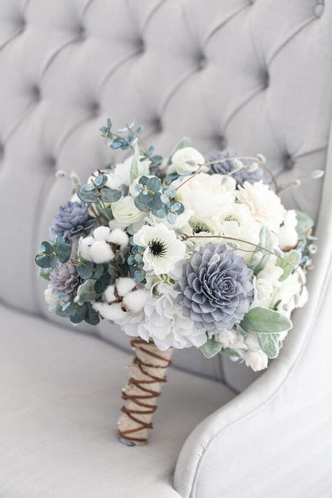 Elegant Grey, Black and White Winter Wedding Ideas - ColorsBridesmaid Wedding Color Schemes Winter, Rustic Romance Wedding, White Winter Wedding, Winter Wedding Colors, Winter Wedding Flowers, Blue Wedding Flowers, Dusty Blue Weddings, Blue Bouquet, Bridal Flowers