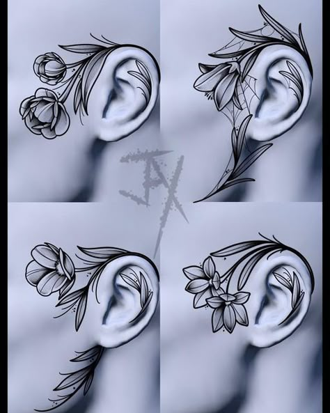 Floral Sideburn Tattoo, Women Forehead Tattoo, Feminine Head Tattoo, Floral Face Tattoo, Ornamental Face Tattoo, Ear Tattoo Flower, Flower Ear Tattoo, Side Of Face Tattoo, Sideburn Tattoo Women