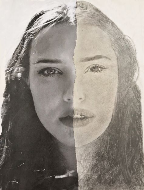 Split Portrait Drawing Black & White Split Portrait, Modern Art Drawing, Katherine Langford, Cartoon Art Drawing, Drawing Black And White, Love Guru, Portrait Drawings, Charcoal Portraits, Drawing Portrait