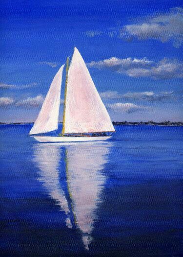 Blue water white sail boat Peisaj Abstract, Urbane Kunst, Sailboat Painting, Boat Painting, Hur Man Målar, Water Reflections, Painting Class, In The Ocean, Beach Scenes