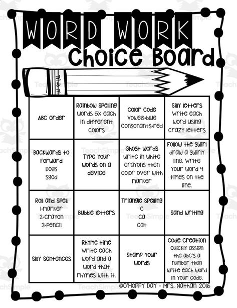 When you are looking for fun new ways to have students practice spelling words, this Word Work Choice Board is the way to go.All you have to do is print one for each student or project it onto the smartboard.There are 16 options to choose from.Students will pick an option and can cross it off if they have their own individual choice board. Grade 2 Word Work, Literacy Choice Boards 1st Grade, Word Work Choice Board 2nd Grade, Spelling Choice Board 3rd Grade, Second Grade Ela Centers, Choice Boards Middle School, Choice Boards 2nd Grade, Spelling Choice Board, Reading Choice Board