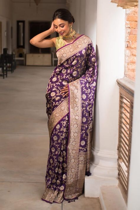 Purple pure katan silk handwoven banarasi saree with all over gold, silver dual gold zari floral jaal paithani pattern in kadua work and contrast floral border. - Aza Fashions Traditional Banarasi Saree, Purple Banarasi Saree Look, Ekaya Banaras Saree, Trending Sarees 2024, Silver Zari Saree Silk, Saree New Trends, Banarasi Saree Look For Wedding, Banarasi Silk Saree Bridal, Paithani Saree Wedding