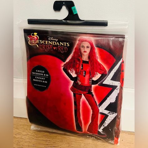 Brand New Disney Descendants 4:Rise Of The Red Halloween Children’s Costume In Size Medium 8-10. This Fierce Ensemble Captures Red's Bold Style With A Vibrant Red And Black Design That's Perfect For Any Fan Of The Series. The Costume Includes A Heart-Covered, Layered-Look Shirt With An Attached Cropped Jacket, A Pair Of Flared Pants, A Heart Belt, And Fingerless Gloves - The Ultimate Choice For A Descendants Halloween Or Movie Night. Kids' Red Costume Product Details: 5-Piece Set Shirt With Atta Red Halloween Costume, Descendants 4, Heart Belt, Night Kids, Red Halloween, Red Costume, Disney Descendants, Disney Costumes, Bold Style