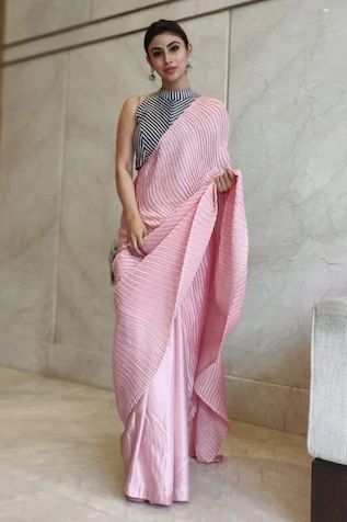 Striped Blouse Designs, Pink Designer Saree, Pleated Saree, Blouse Designs High Neck, Saree Blouse Styles, Saree Wearing Styles, Indian Sari Dress, Saree Blouse Neck Designs, Mouni Roy